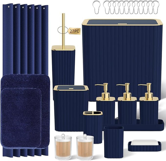 Bathroom Accessory Set - Bathroom Set, 27PC Bathroom Accessories Set, Navy Blue Bathroom Sets with Shower Curtain and Rugs, Mini Trash Can, Toilet Brush, Trash Can & Soap Dispenser