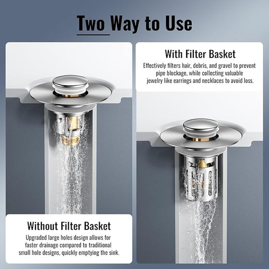 (2 Pc) Bathroom Sink Stopper-All Metal Sink Stopper-Universal Fit 99% Bathroom Sink Stopper with Removable Stainless Steel Hair Catcher-Bathroom Sink Drain Strainer for (1.1'' to 2.36'' inch) Drain