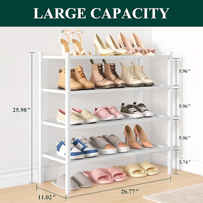 Smiry Bamboo Shoe Rack, 4 Tier Shoe Organizer for Entryway & Closet, Stackable Free Standing Storage Shelf for Shoes, Bags & Plants, White