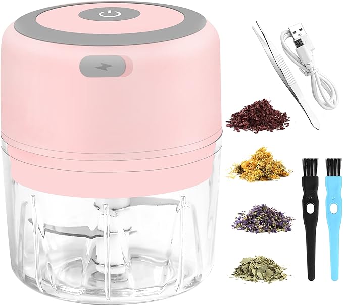 Electric Herb Grinder - 3.5 Inch Large Grinders for Grinding Dry Fresh Herbs and Spice with Clear Chamber, Portable USB Charge Herb Grinder, Including Clean Brush and Tweezers, Gift Box, Pink