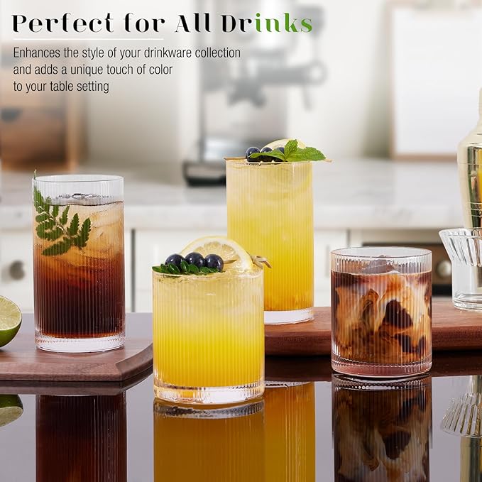 LUNA & MANTHA Ribbed Glasses Drinking Set of 8-17oz Large Capacity Highball Glasses, 12oz Rocks Glass Cups, Vintage Cocktail Glasses, Ideal for, Water, Ice Coffee Cup, Whiskey, Mixed Drinkware