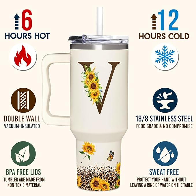 Personalized Birthday Gifts For Women - Sunflowers Monogrammed Cup For Boss Day, Christmas - Customized Gifts For Women, Mom, Wife, Coworkers, Boss Lady, Her - Custom Tumbler With Handle 40oz