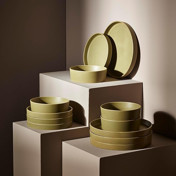 Stone by Mercer Project MODAN 12-Piece Stoneware Dinnerware Set, Plates and Bowls Sets, Dish Set for 4, Green