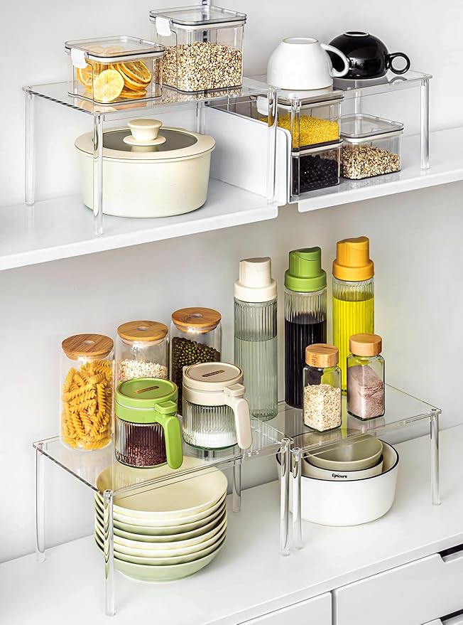 Acrylic Cabinet Organizer, Set of 4 Spice Rack Organizer for Cabinet, Desk Countertop Shelf Organizer, Pantry Kitchen Storage and Organization, Stackable Shelves House Essentials for Gift