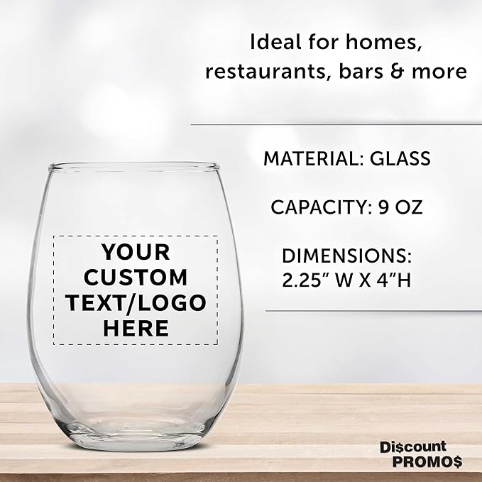DISCOUNT PROMOS Custom Stemless Wine Glass 9 oz. Set of 10/50/100, Personalized Bulk Pack - Great for Wedding Favors, Bachelorette Party Decorations, Party Favors - Clear