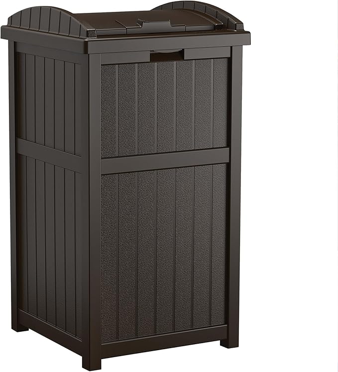 Suncast 33 Gallon Durable Plastic Hideaway Outdoor Garbage Can with Secure Lid and Wicker Design for Home Backyards, Decks, or Patios, Java Brown