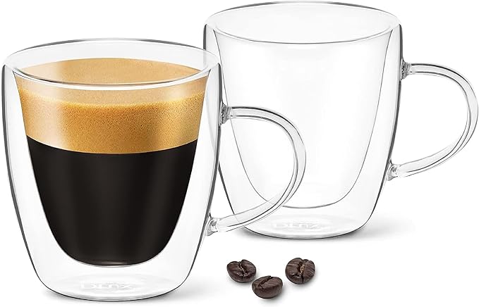 DLux Espresso Coffee Cups 3oz, Double Wall, Clear Glass Set of 2 Glasses with Handles, Insulated Borosilicate Glassware Tea Cup