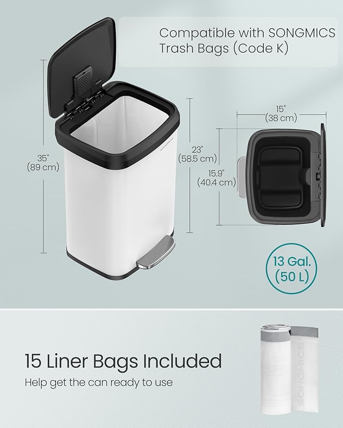 SONGMICS Kitchen Trash Can, 13 Gallon (50 L) Stainless Steel Garbage Can, with Stay-Open Lid and Step-on Pedal, Soft Closure, Tall, Large and Space-Saving, White and Black ULTB530W50