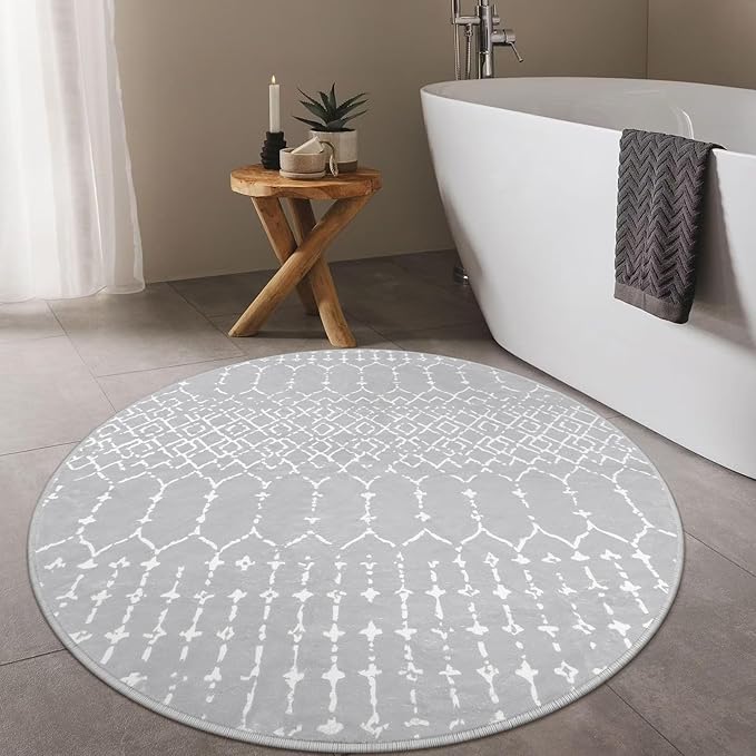 Lahome Moroccan Washable Round Rug - 4Ft Round Area Rugs for Bedroom Non-Slip Grey Stain Resistant Round Kitchen Rug, Modern Geometric Print Indoor Floor Circle Carpet for Entryway Living Room Sofa
