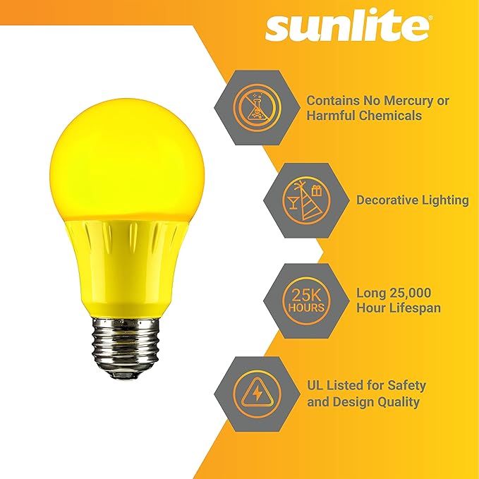 Sunlite 41726 LED A19 Colored Light Bulb, 3 Watts (25w Equivalent), E26 Medium Base, Non-Dimmable, UL Listed, Party Decoration, Holiday Lighting, 6 Count, Yellow