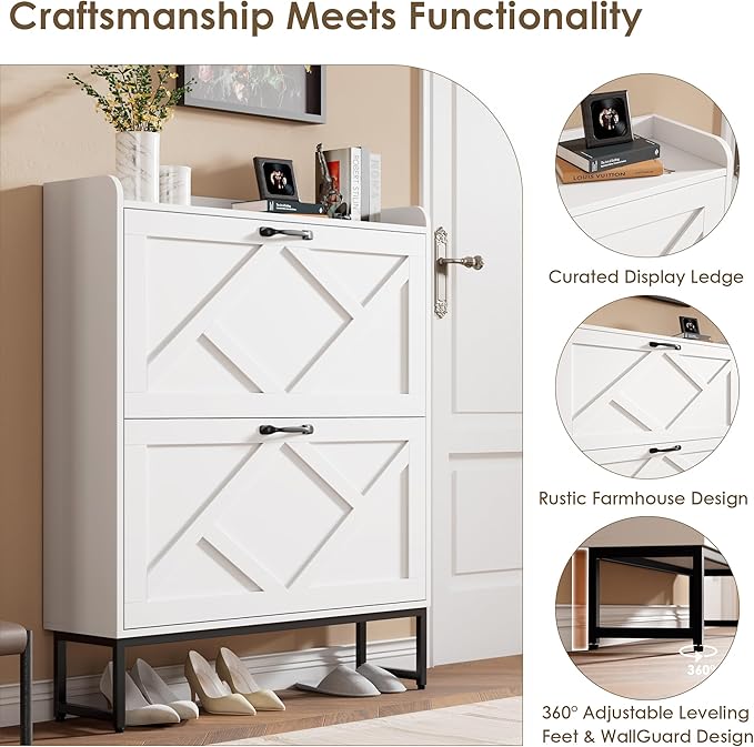 Nicetree Shoe Cabinet with 2 Flip Drawers, Freestanding Shoe Organizer, Shoe Cabinet with Metal Legs, Narrow Shoe Rack Cabinet for Entryway, Foyer, Hallway, White