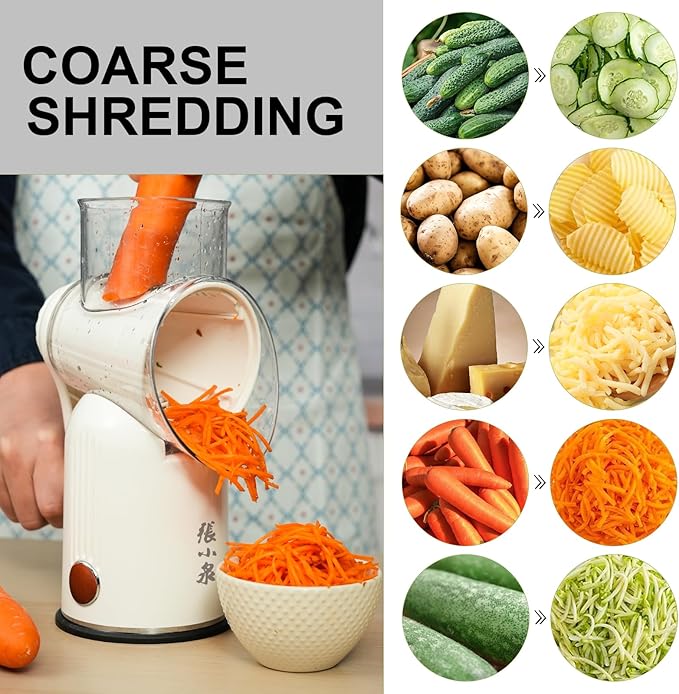 Rotary Cheese Grater Hand Crank with 5-in-1 Interchangeable Blades & Strong Suction Base Vegetables Shredder Manual Slicer for Kitchen, Cream