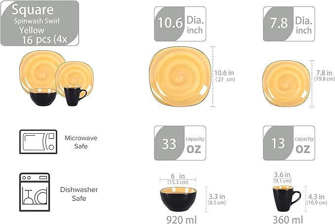 Stoneware Square 16pc Dinnerware Set, Inside Spinwash Swirl Yellow + Outside Black