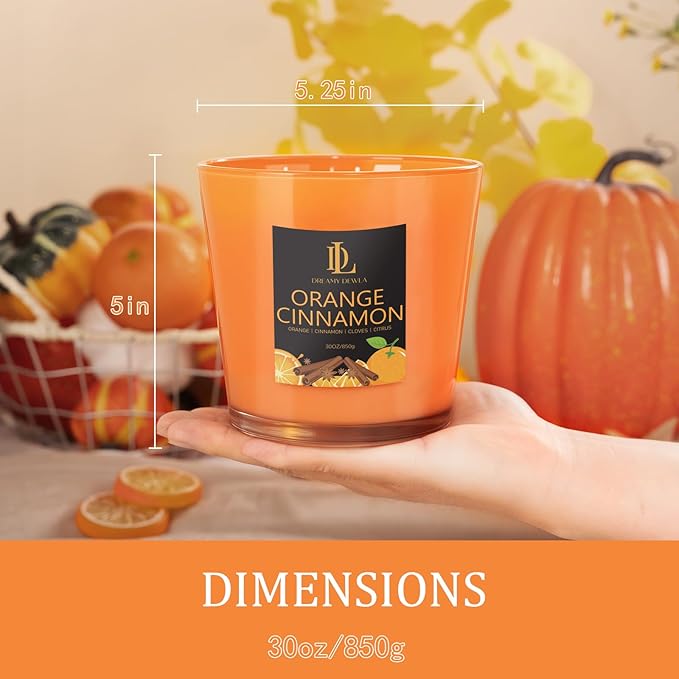 Large Fall Candle Orange Cinnamon Scented, 4 Wick Natural Soy Candles for Home Scented, 30oz Big Autumn Candle Long Lasting, Home Aromatherapy Candles Housewarming Gift for Women Men