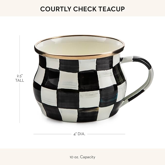 MACKENZIE-CHILDS Enamel Teacup, Unique Coffee and Tea Mug, Enamel Cup for Hot Tea, 10 Ounces, Black-and-White Courtly Check