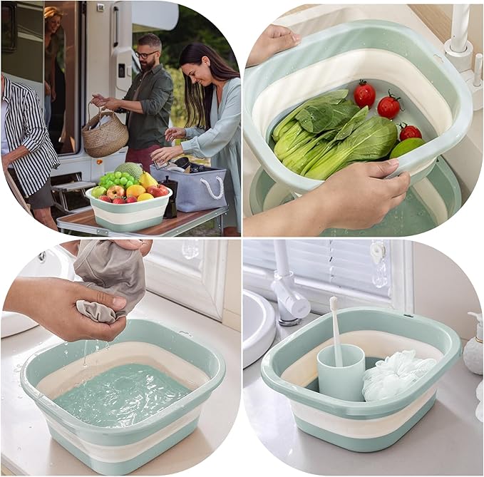 Collapsible Colander and Sink Basin Set 2 QT - 2 Pack Set Collapsible Strainer with Collapsible Wash Basin for Kitchen, RV Camping, Foldable Fruit Vegetable Washing Basket, 2 QT, Blue