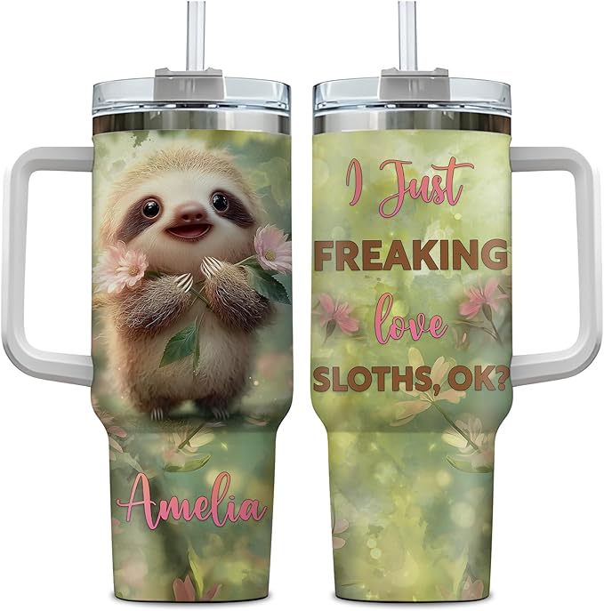 Personalized Sloth 40oz Tumbler with Handle and Straw Gifts for Sloth Lovers, Ideal Animal Lover Gifts For Women Girl, Unique Birthday Christmas Gift, Custom Name Stainless Steel Travel Cup