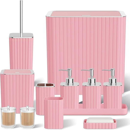 Bathroom Accessory Set - Bathroom Set, 12PC Bathroom Accessories Set, Pink Bathroom Accessories Set, Mini Trash Can, Toilet Brush, Trash Can & Soap Dispenser