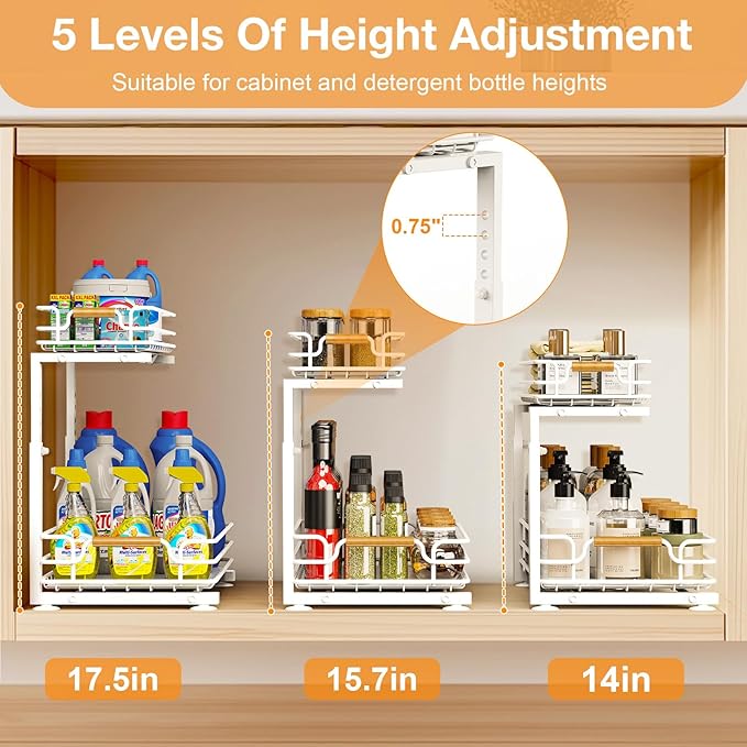 JYPS 2 Pack Under Sink Organizer, 2 Tier Pull out Under Kitchen Bathroom Sink Organizer and Storage, Metal Sliding Drawer for Cabinet Pantry Undersink Organizers Shelf