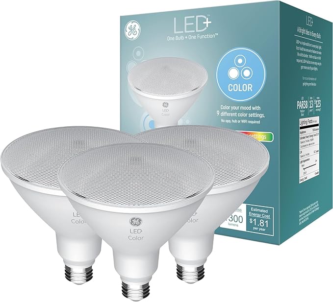 GE LED+ Color Changing LED Light Bulbs with Remote, 15W, No App or Wi-Fi Required, PAR38 Outdoor Floodlights (3 Pack)