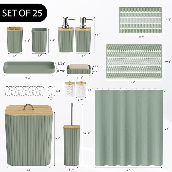 Bathroom Accessory Set - 25PC Bathroom Sets with Shower Curtain and Rugs, Sage Green Bathroom Set, Bathroom Accessories Set, Shower Curtain Sets with Rugs, Bathroom Trash Can & Soap Dispenser