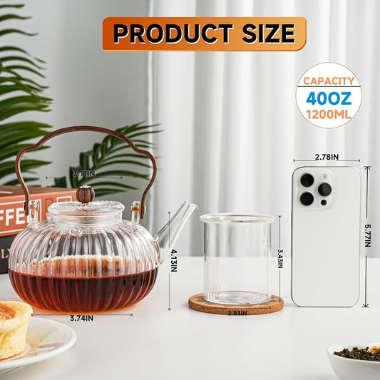 40OZ/1200ML Glass Pumpkin Teapot with Removable Infuser & Lid, Stovetop & Microwave Safe Clear Borosilicate Glass Tea Maker Water Kettle for Loose Leaf Blooming Tea