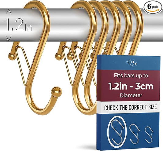 6-Pack Metal S Hooks for Hanging – Heavy-Duty S-Shaped Hook with Safety Buckle – Fits Bars up to 1.2 in – Anti-Drop S-Hooks for Closet, Wardrobes & Storage – Golden (Large)