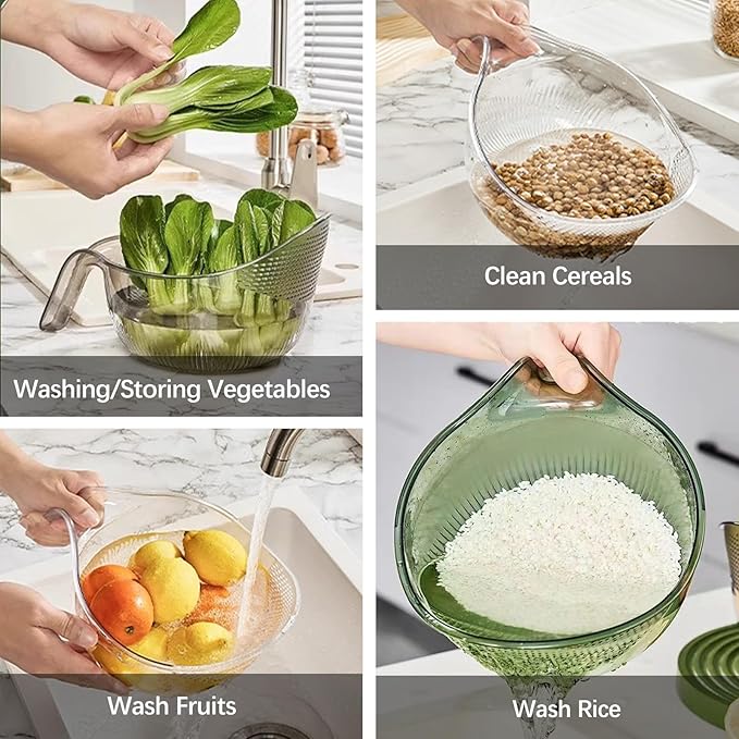 2-In-1 Rice Strainer,Large Rice Washer Beans Washer Strainers And Colanders - Washing Bowl for Fruit Washing Bowl With Strainer,Rice Washing Bowl Multifunctional Drain Basket (Green)