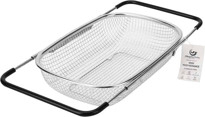 ZDRongZhen Kitchen Accessories Over the Sink Colander Strainer Basket，Stainless Steel Colander with Expandable Rubber Grip Sink Drainer-Rinse Vegetables Fruits &Strain&Drain (Medium-grid)
