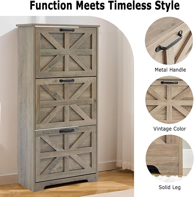 Shoe Storage Cabinet with 3 Flip Drawers, Farmhouse Shoe Organizer with Barn Door Design, Space-Saving Hidden Narrow Shoe Rack Cabinet for Entryway, Hallway & Foyer，White