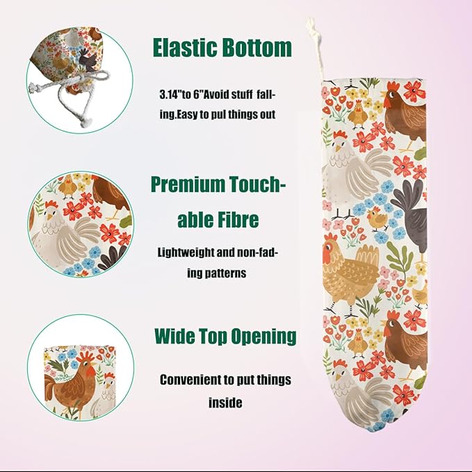 Chicken Gifts Plastic Bag Holder, Flower Wall Mount Grocery Bag Holder for Plastic Bags, Large Washable Grocery Bags Storage Dispenser for Home Kitchen Pantry Decor, Funny Chicken Gifts for Women Mom