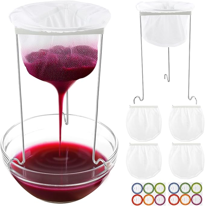Jelly & Juice Strainer Kit: 3 Stable Stands, 5 Durable Mesh Bags & 12 Labels | Pulp-Free Canning & Nut Milk – Quick Straining for Home Cooks & Enthusiasts