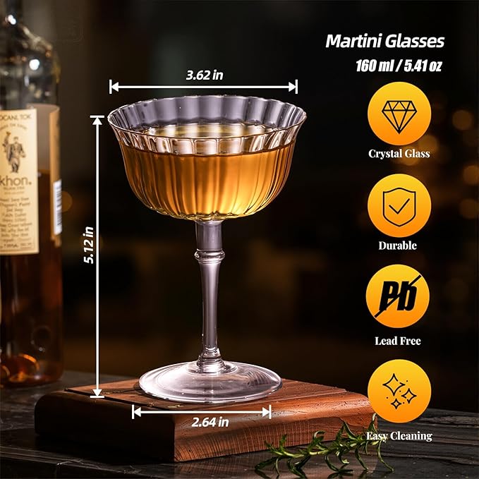 KAMMAK Martini Glasses Set of 2, 5.41 oz Clear Crystal Cocktail Glasses with Stem, Reusable Cocktail Glassware for Wedding Birthday Party, Bar, Margarita, Whiskey, Gin, Tequila, DS-07