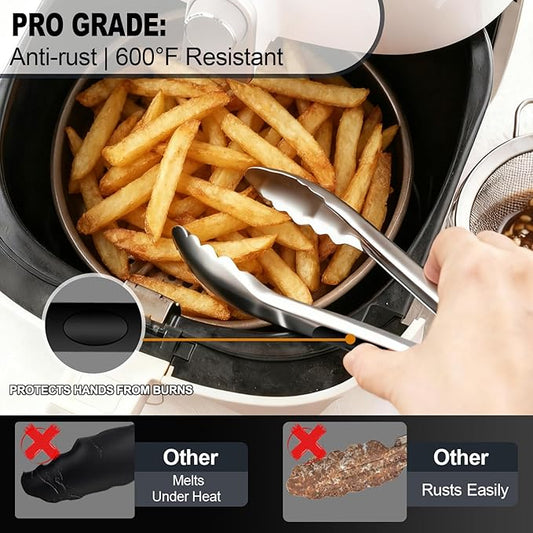 Small Cooking Tong Set of 3 - Mini 7 Inch Stainless Steel Locking Tongs, Heat Resistant to 600°F, Food Grade Kitchen Metal Tong for Food, Salad, Pasta, Steaks, Vegetables - Dishwasher Safe