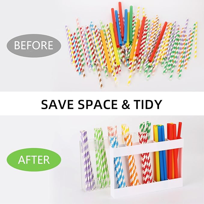 2 Pcs Straw Holder for Cabinet Door, 9.5 Inch Acrylic Straw Organizer with 8 Pcs Adhesive Stickers and 20 Pcs Labels, Reusable Kitchen Utensil Storage