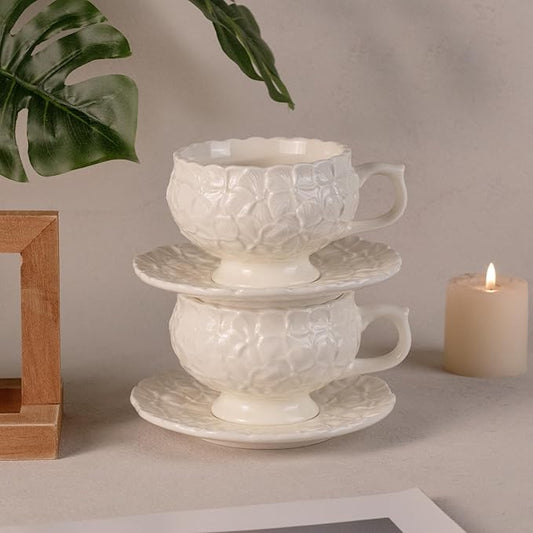 KAMMAK Tea Cups and Saucers Set of 2, Porcelain Coffee Cups, 8.5-Ounce Stackable Espresso Mugs, Ceramic Demitasse for Coffee, Latte, Americano, Tea, White Flower