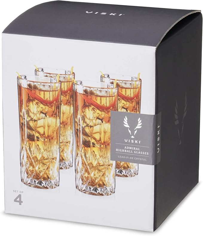 Viski Admiral Highball Glasses, Crystal Drinking Glasses, Elegant Glassware for Whiskey, Vodka, Cocktails, Perfect for Home Bars, Indoor & Outdoor Parties, Stylish Drinkware, 9 oz, Set of 4