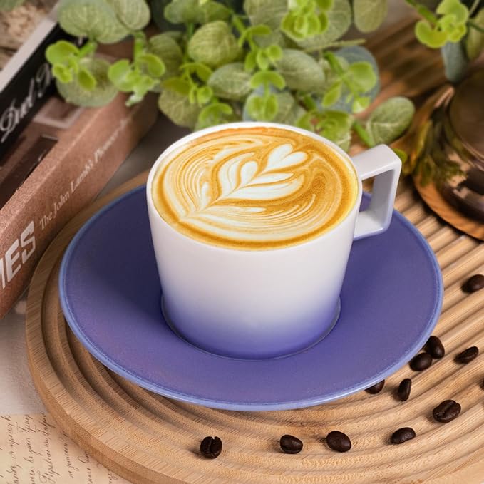 KAMMAK Ceramic Coffee Cups and Saucers Set of 2, Porcelain Espresso Cups with Saucers, 7 oz Handcrafted Ceramic Coffee and Tea Cup, Gradient Purple Drinkware for Tea Party, Office, Women Gifts