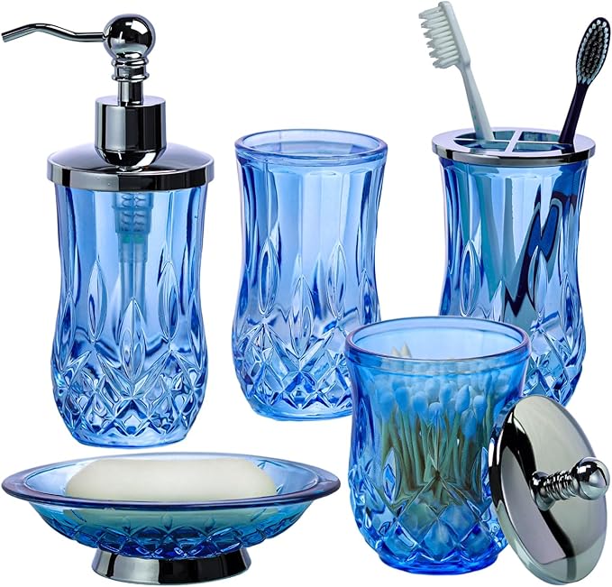 Bathroom Accessories Set,5 Pcs Blue Glass Bathroom Accessory Set,Complete Lotion Soap Dispenser,Toothbrush Holder,Soap Dish,Tumbler & Jar,Modern Bathroom Decor Sets,Gift for Home Apartment,Round