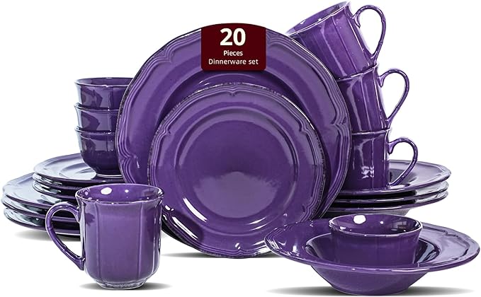 20pc Dinnerware Set, Plate and Bowl Set, Stoneware Dishes Set for 4, Microwave and Dishwahser Safe, Scratch Resistant, French Countryside Speckled Antique Purple