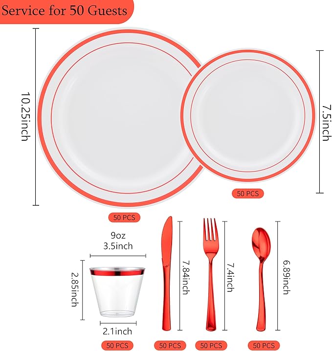 300PCS Christmas Plates Dinnerware, Red Dinnerware Set for 50 Guests, White and Red Christmas Disposable Plates for Party-50 Dinner Platos,Dessert Plates, Silverware Set
