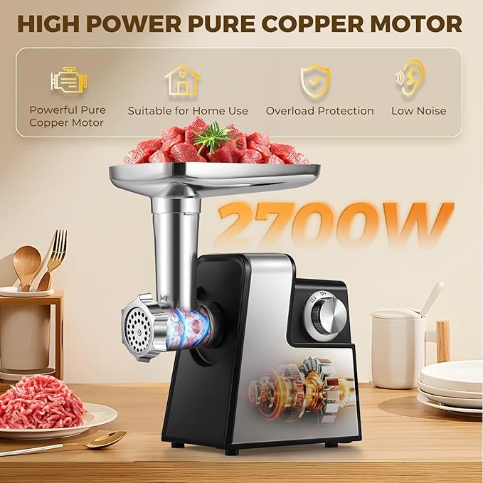 Meat Grinder Electric 2700W Meat Mincer Chopper Machine Multifunctional with 3 Cutting Blades, 3 Grinding Plates, 3 Sausage Stuffer, Kubbe Kit, Meat Grinders for Home Use