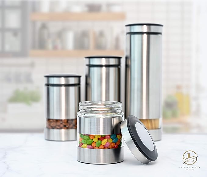 Le'raze Quality Stainless Steel Canister Set of 4 for Kitchen Counter with Glass Window & Airtight Lid - Food Storage Containers with Lids Airtight - Pantry Storage and Organization Set