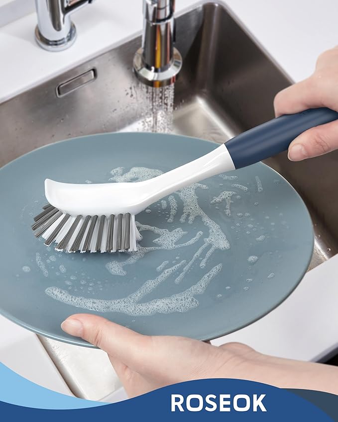 Dish Brush with Built-in Scraper,Kitchen Scrub Brush for Cleaning Dishes,Pots,Non-Stick Pans and Sinks,Navy Blue,2 Pack