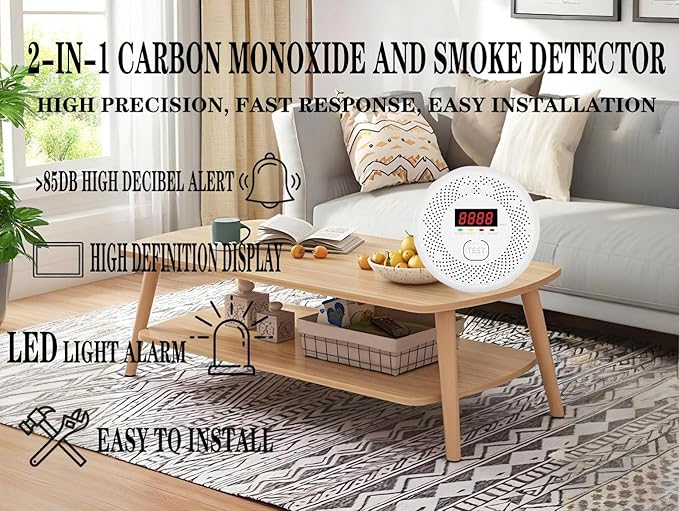 Carbon Monoxide and Smoke Detector LCD Display, Battery Powered, Dual sensors, 85dB Voice Alarm and Real-time Tracking, Suitable for Home/Kitchen/Bedroom/RV (Small Screen, 1Pack-CO&Smoke)