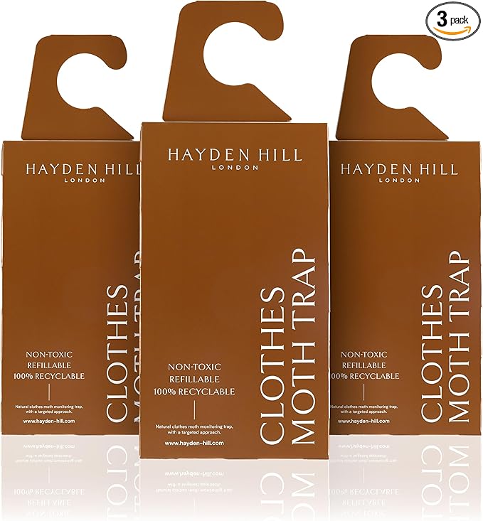 Hayden Hill Moth Traps for Clothes & Closets - 3-Pack - Refillable and Odor-Free Moth Traps for House Indoor - Pheromones for Clothing Protection