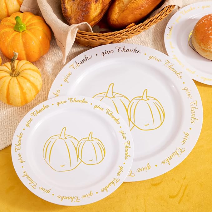 supernal 60pcs Thanksgiving Plastic Plates,Thanksgiving Plates with Gold Pumpkin Design, Fall Party Plate Bulk Include 7.5" Dessert Plate,10.25" Disposable Dinner Plato for Friendgiving Party