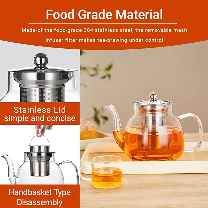 1100ml Glass Teapot with Removable Infuser,37oz Borosilicate Clear Tea Kettle,Stovetop Microwave Safe,Blooming and Loose Leaf Tea Maker Gift