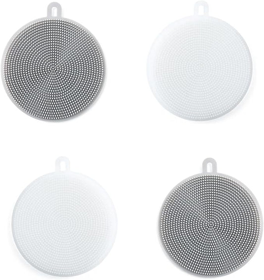 4PCS Silicone Dish Scrubber, Multipurpose Round Silicone Sponges Reusable Dish Brush Dish Brush for Kitchen Dish Dishes Fruits Vegetables(Gray+White)