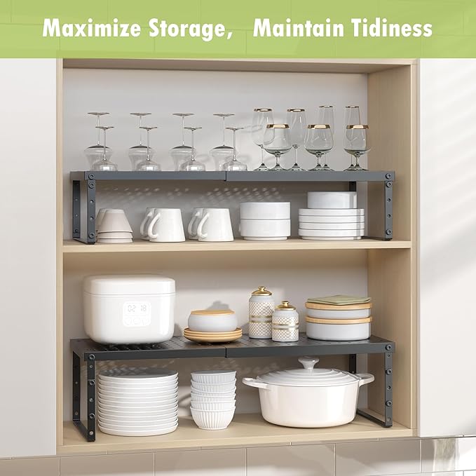 Expandable Cabinet Organizer Shelf With Adjustable Height, Stackable Kitchen Countertop Organizer Rack, Adjustable Shelf Riser For Kitchen Counter, Pantry, Cupboard, Desk, Tabletop